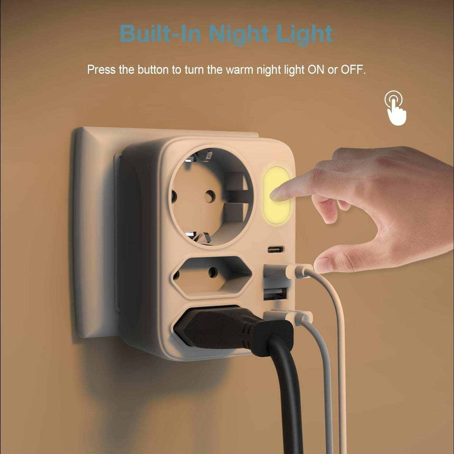 Socket Adapter with USB-C & Night Light - HITRENDS 7-in-1