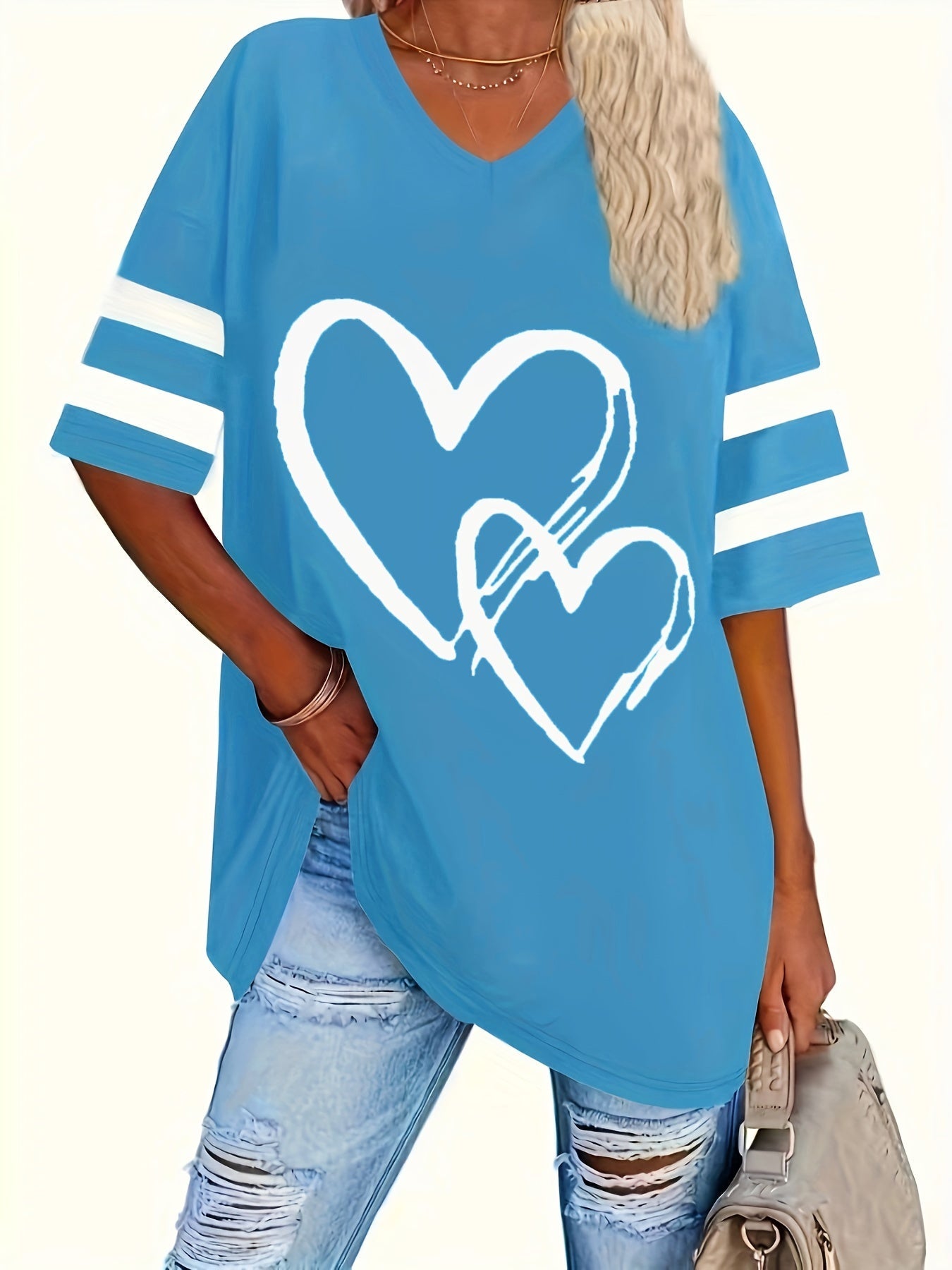 Plus-size heart-print V-neck tee in blue with white stripes; casual style.