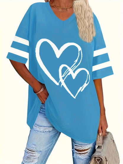 Plus-size heart-print V-neck tee in blue with white stripes; casual style.
