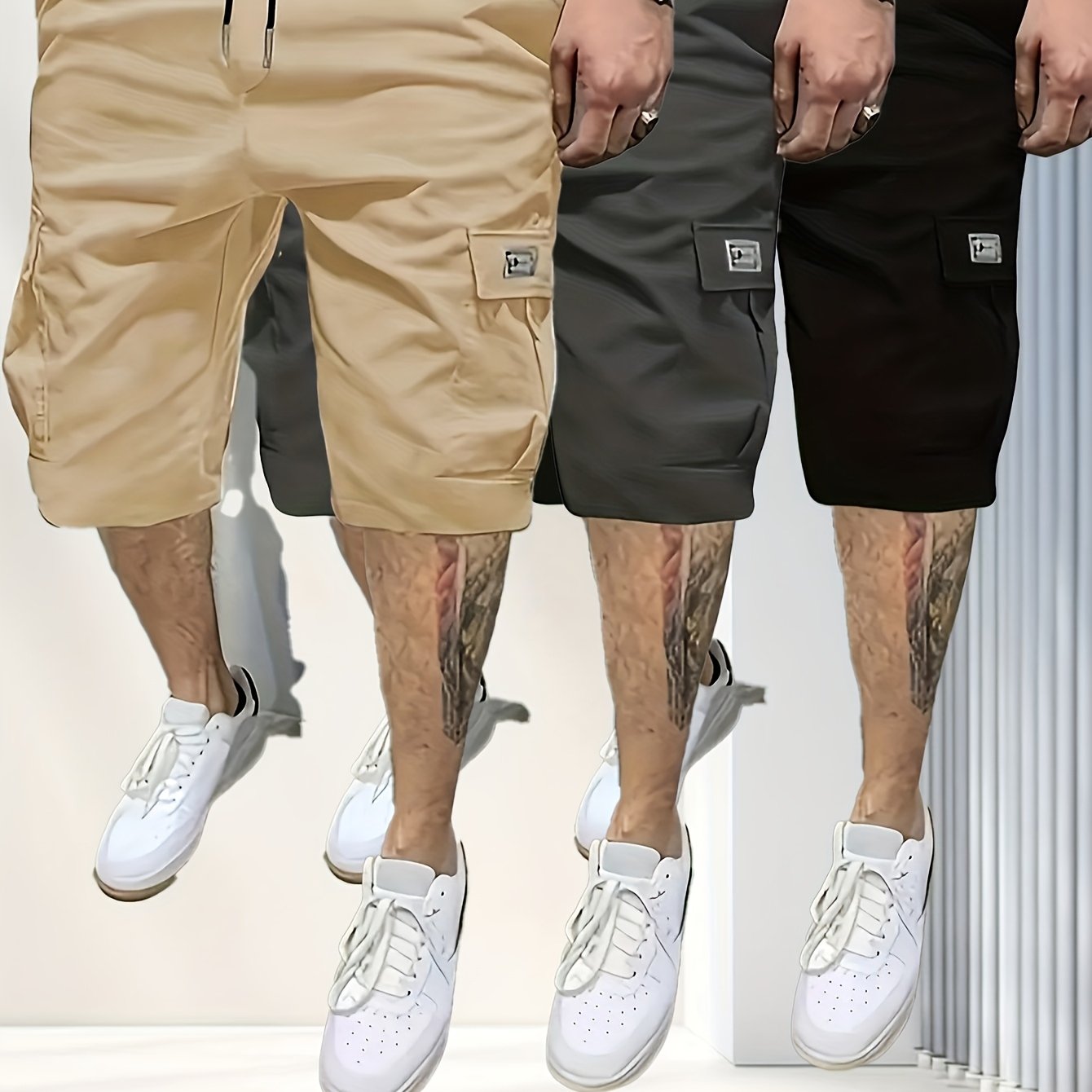 Men 3 Pack - Comfortable Cargo Shorts with Drawstring Waist
