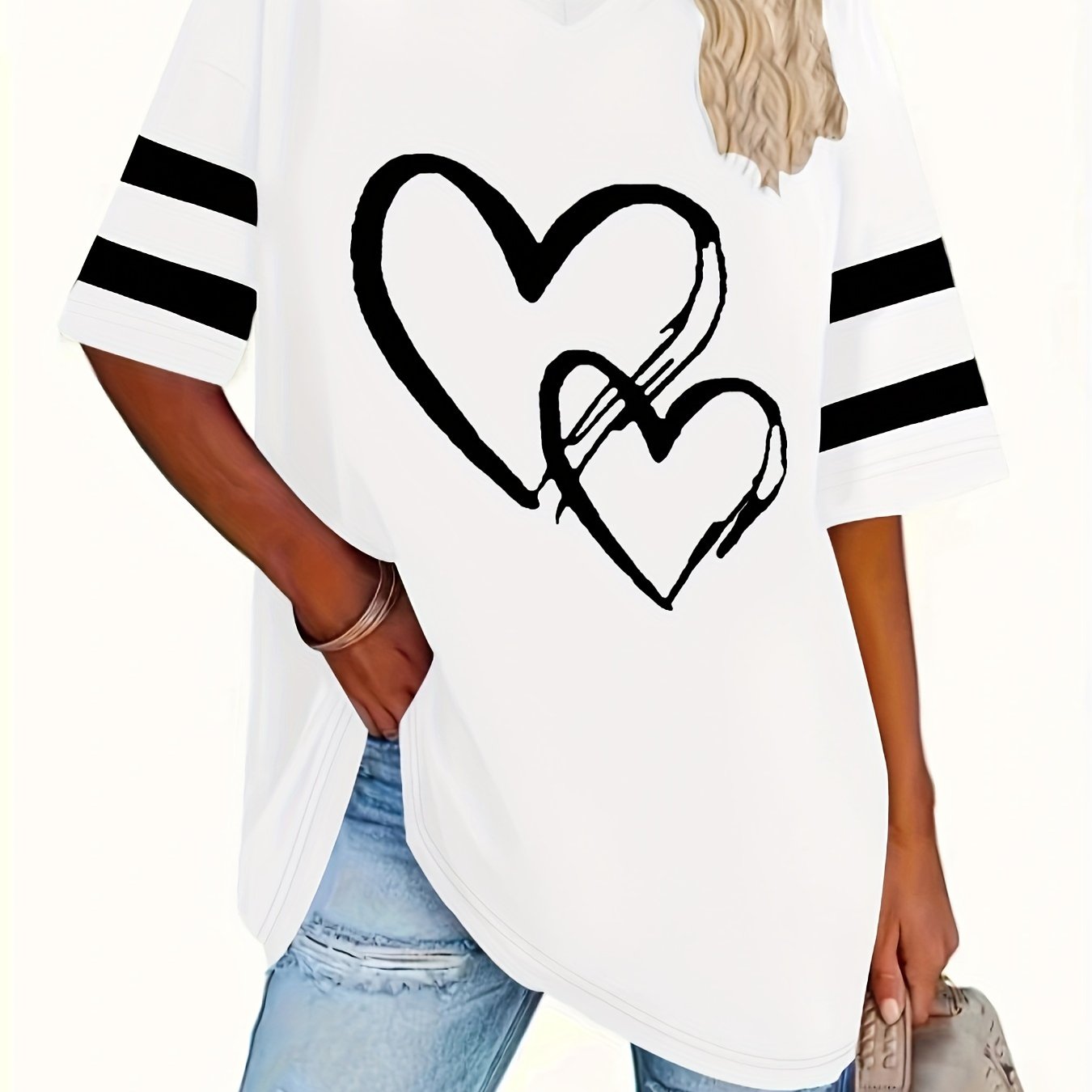 Plus-size V-neck tee with heart print, casual style, slight stretch fabric.