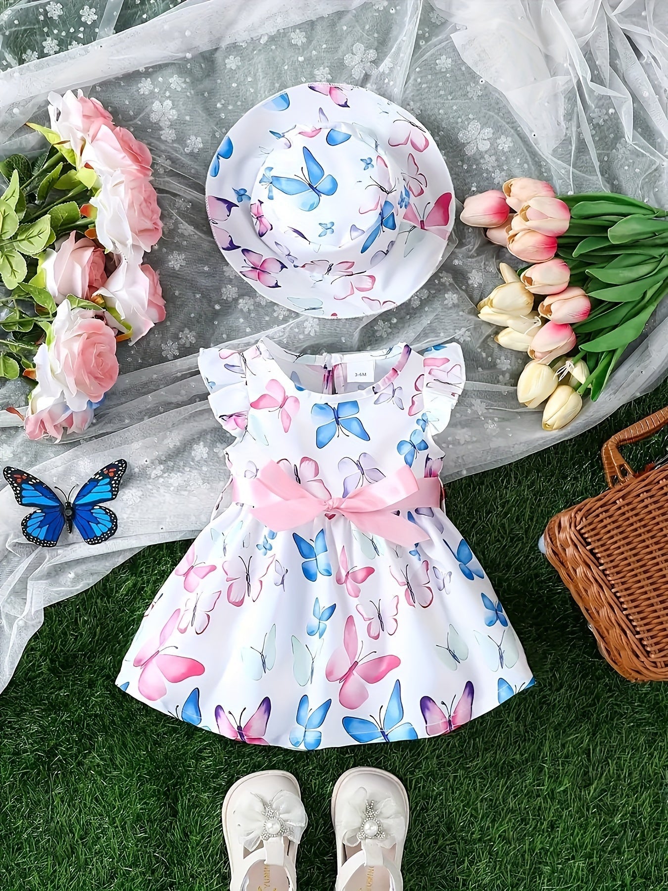 Girls Butterfly Print Dress and Hat Set - Adorable Holiday Outfit