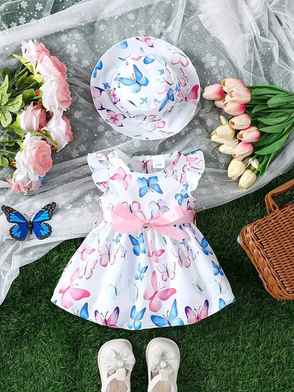 Girls Butterfly Print Dress and Hat Set - Adorable Holiday Outfit