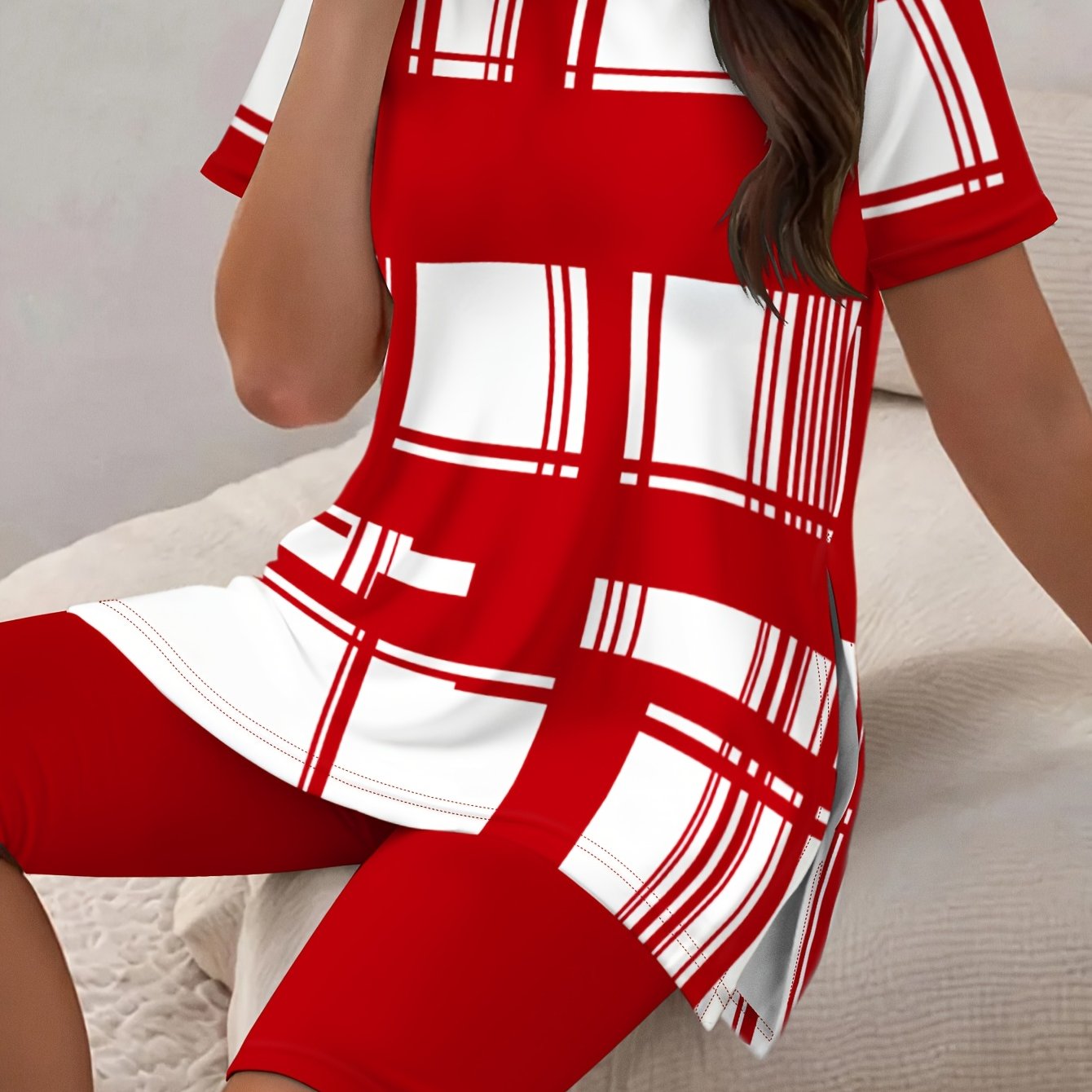 Women Plus Size Plaid Short Sleeve Set - Casual Style