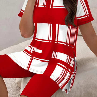 Women Plus Size Plaid Short Sleeve Set - Casual Style
