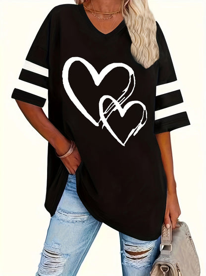 Plus-size V-neck tee with heart print design and short sleeves.