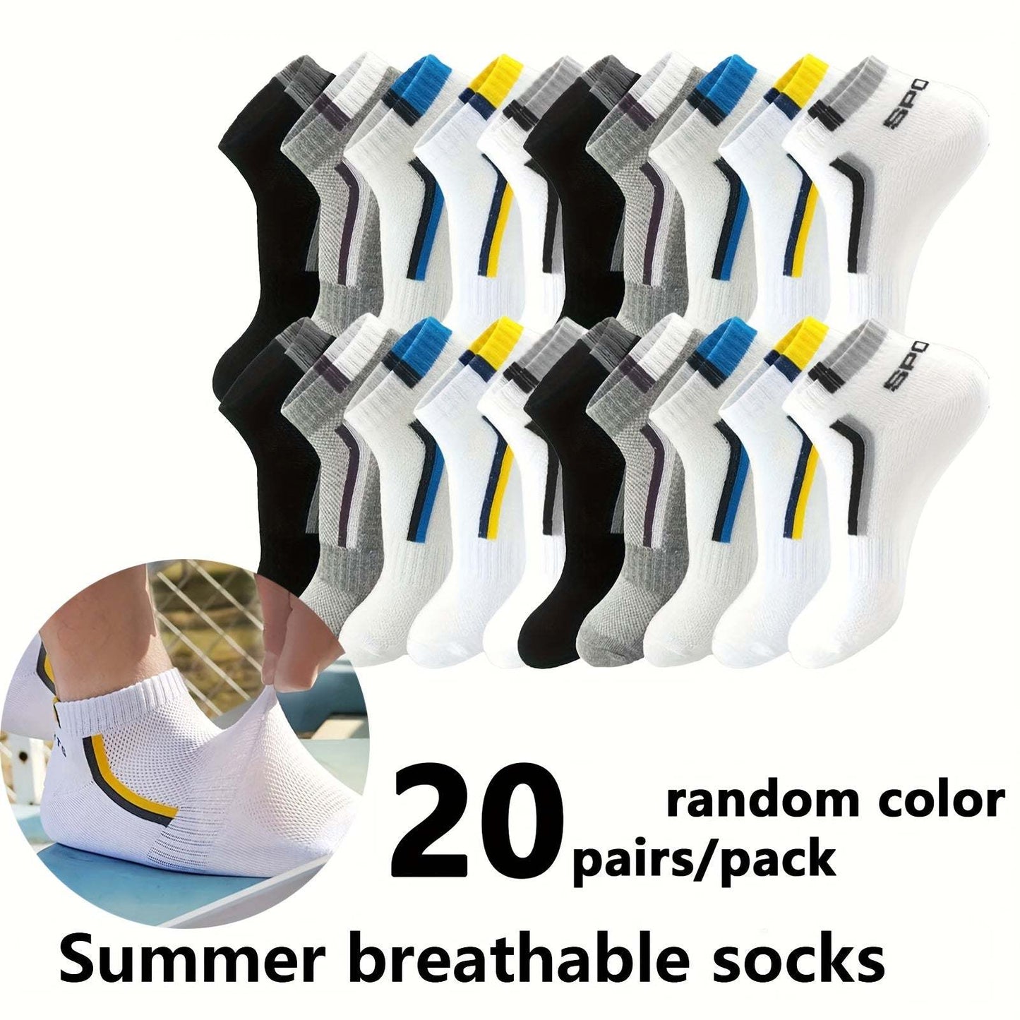 Men Short Socks - 10/20/30 Pairs, Thin, Breathable, 100% Polyester