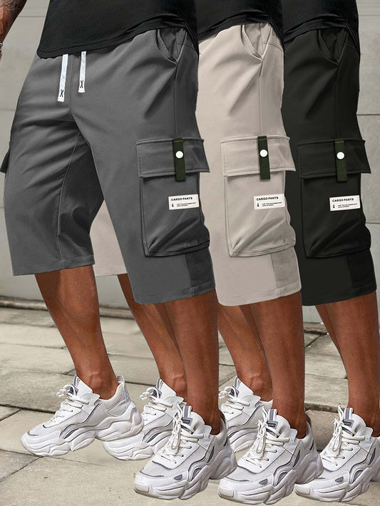 Men's summer waist drawstring pants with large pockets, fashion casual workwear.