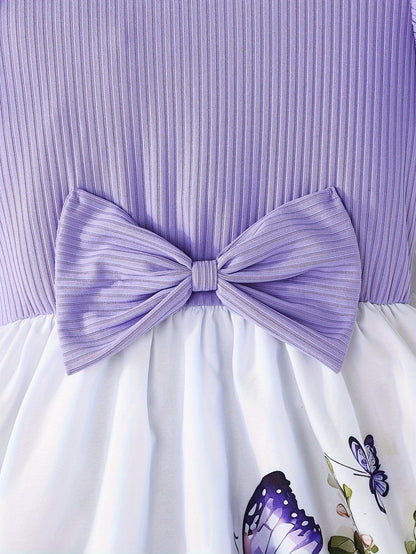 Elegant Rose Print Ruffle Dress for Girls, Bow Waist and Outdoor