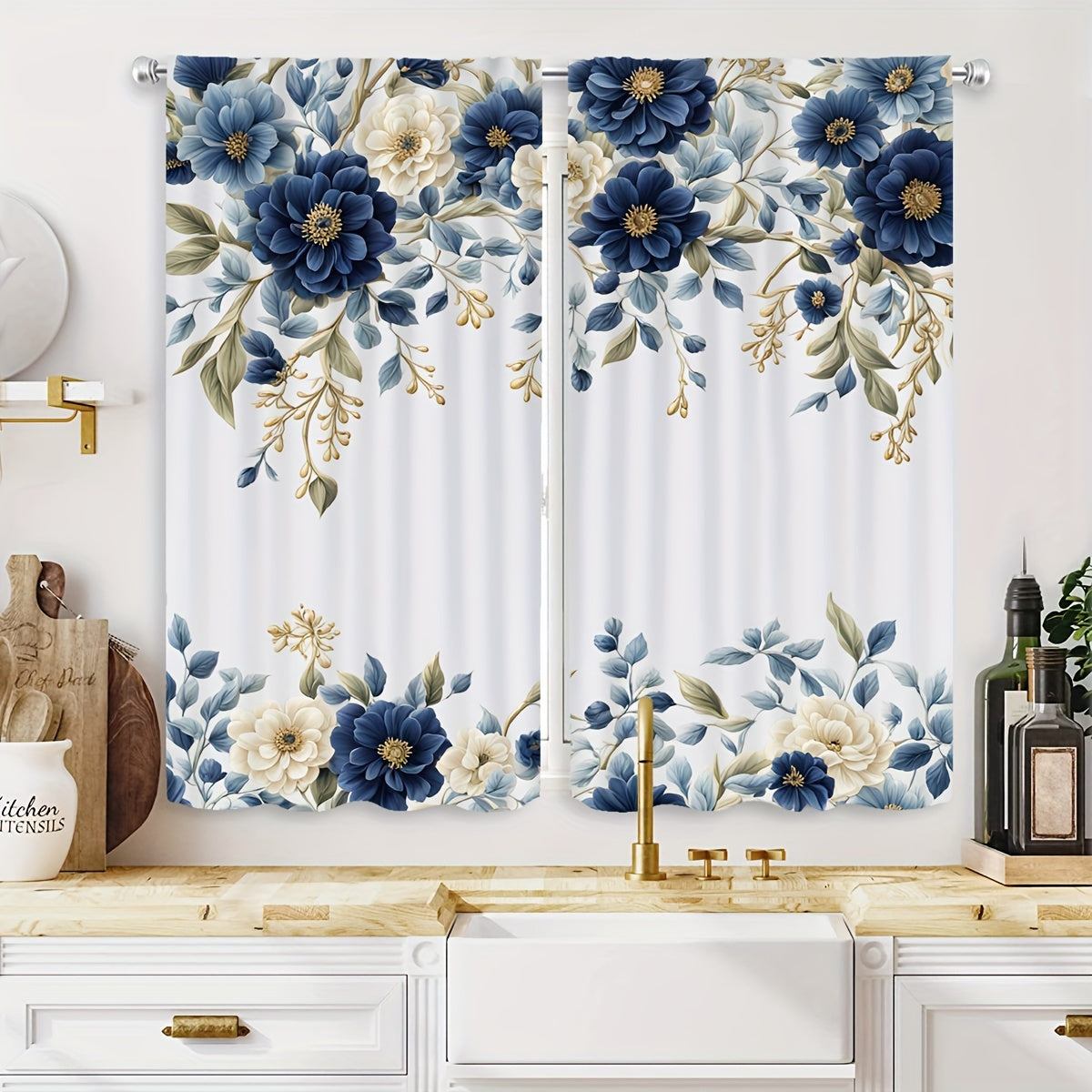 White Curtains with Blue Flowers
