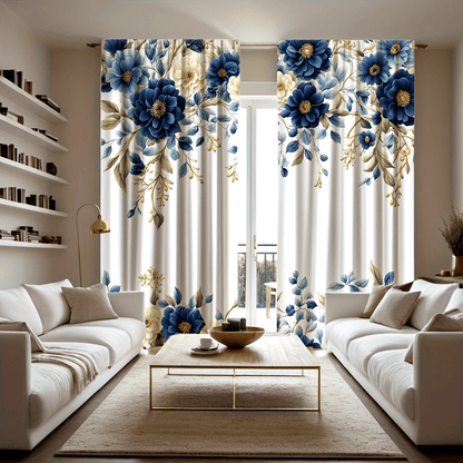 White Curtains with Blue Flowers
