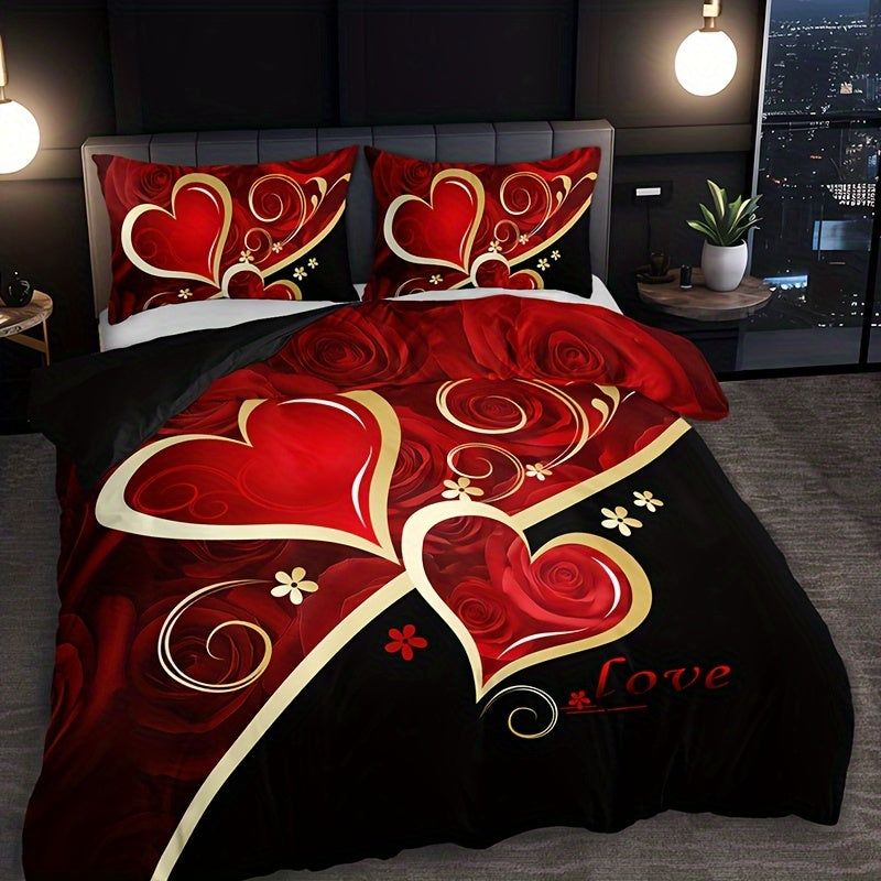 Heart Pattern Duvet Cover - 3pcs Set, Red & Black, All-Season