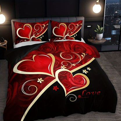 Heart Pattern Duvet Cover - 3pcs Set, Red & Black, All-Season