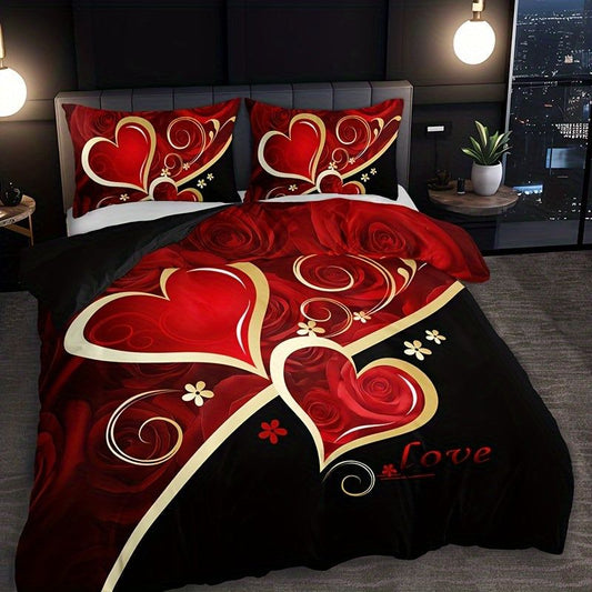 Heart Pattern Duvet Cover - 3pcs Set, Red & Black, All-Season