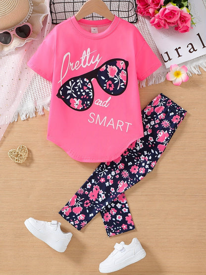 2 pcs Girls Party Outfit - Graphic Tee & Floral Leggings