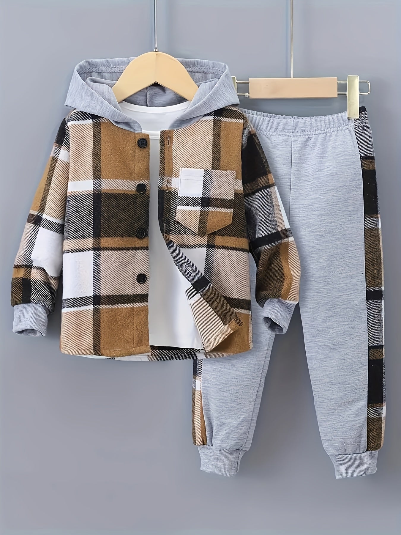 2 pcs Plaid Series Suit, Hooded Coat and Patchwork Pants Set