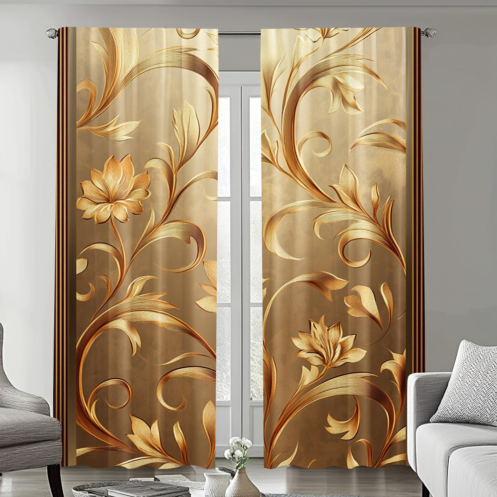2pcs Elegant Golden Leaf Printed Curtains - Contemporary Floral Design, 100% Polyester