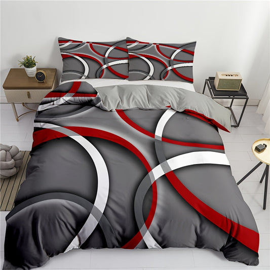 Gray stripe duvet cover set with 3D arc design, includes 1 duvet cover and 1-2 pillowcases without insert.