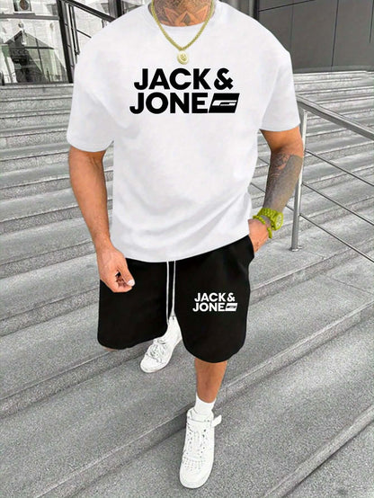Stylish Jack & Jones summer set with white tee and black shorts, casual and versatile look.