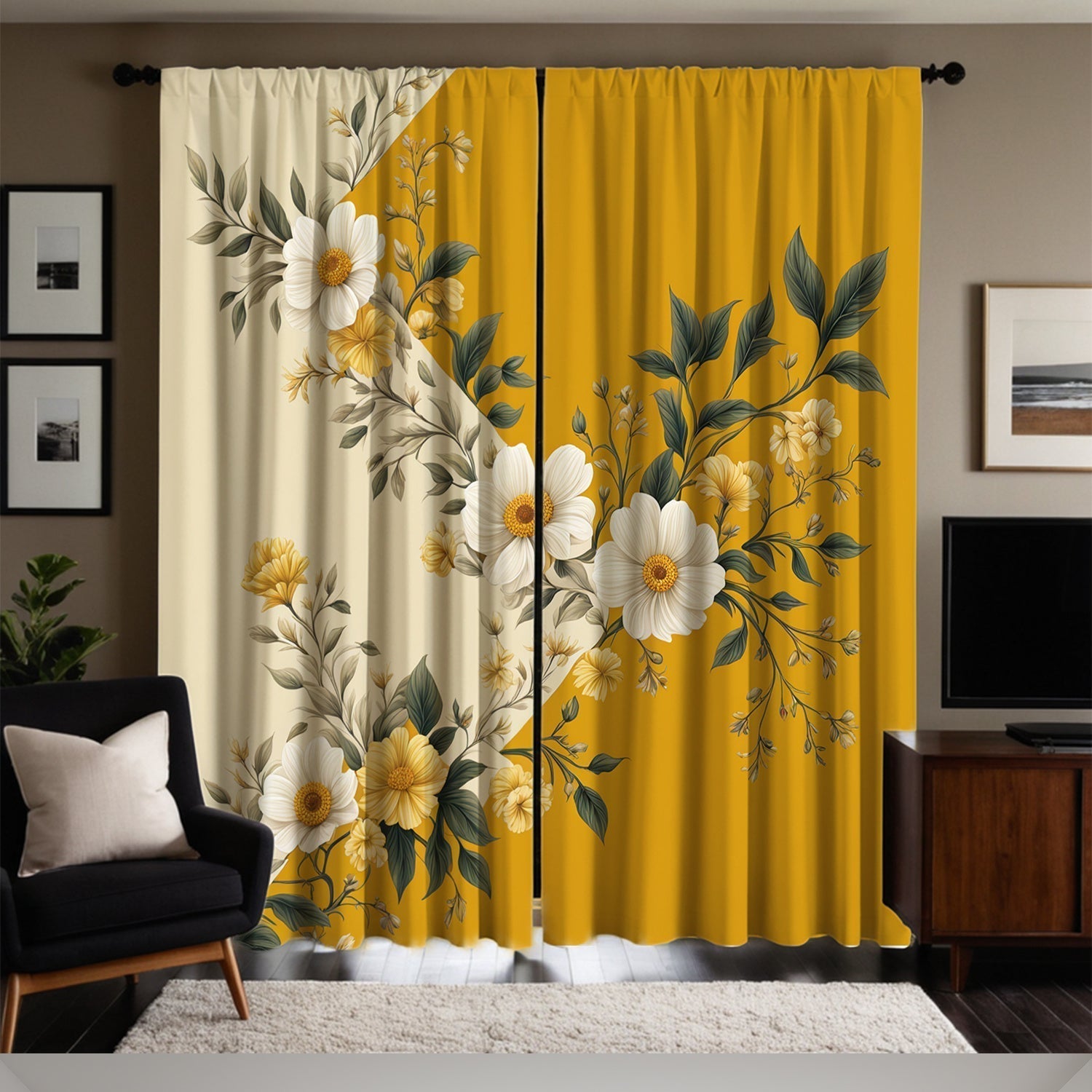 Yellow Floral Semi-Sheer Curtains, Washable, Rod Pocket, Unlined