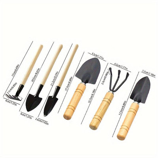 Mini Gardening Tool Set - 6 pcs. Metal & Wooden Hand Tools