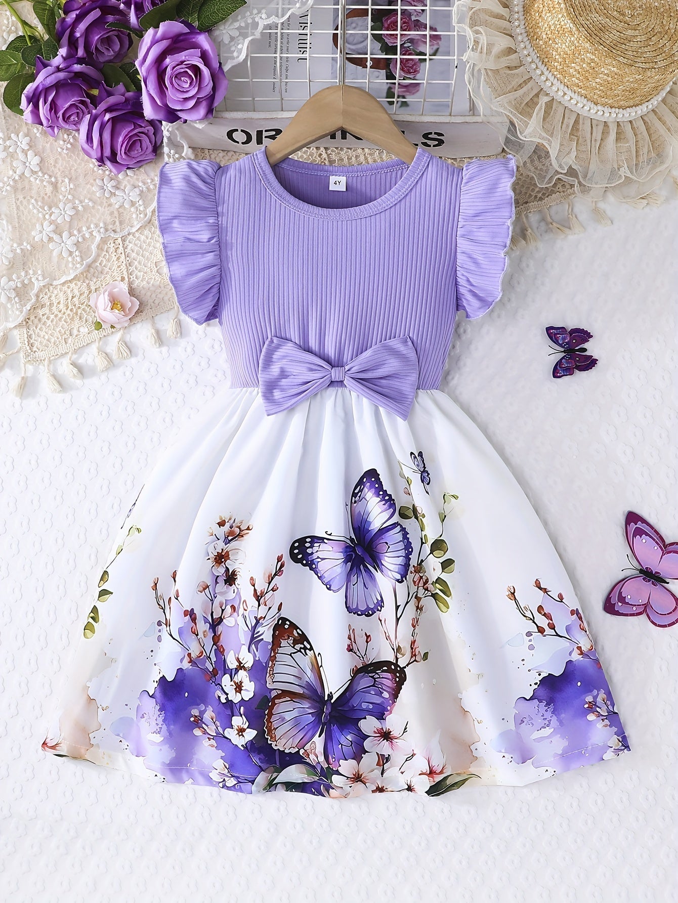 Elegant Rose Print Ruffle Dress for Girls, Bow Waist and Outdoor