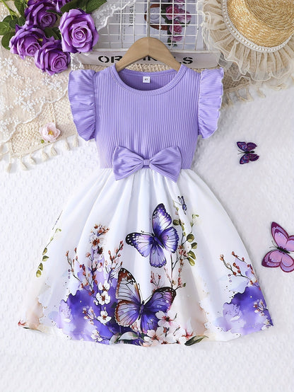 Elegant Rose Print Ruffle Dress for Girls, Bow Waist and Outdoor