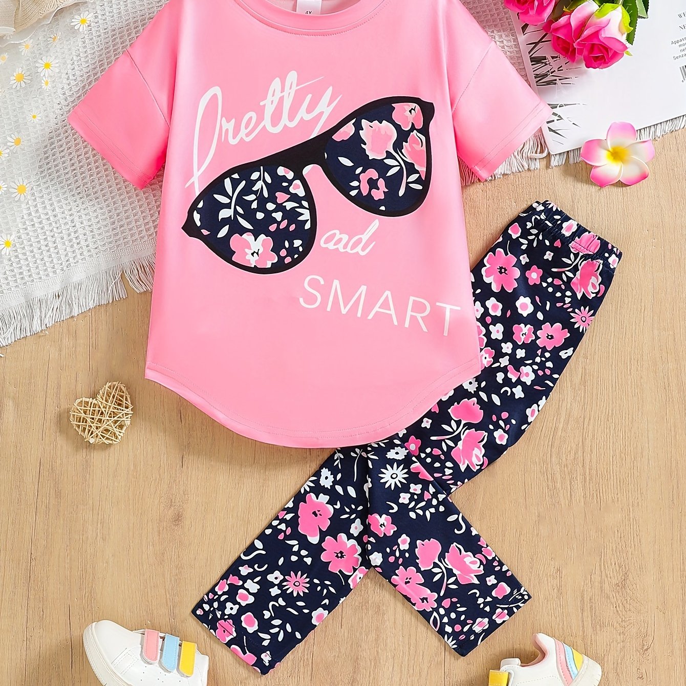 2 pcs Girls Party Outfit - Graphic Tee & Floral Leggings