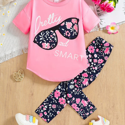 2 pcs Girls Party Outfit - Graphic Tee & Floral Leggings