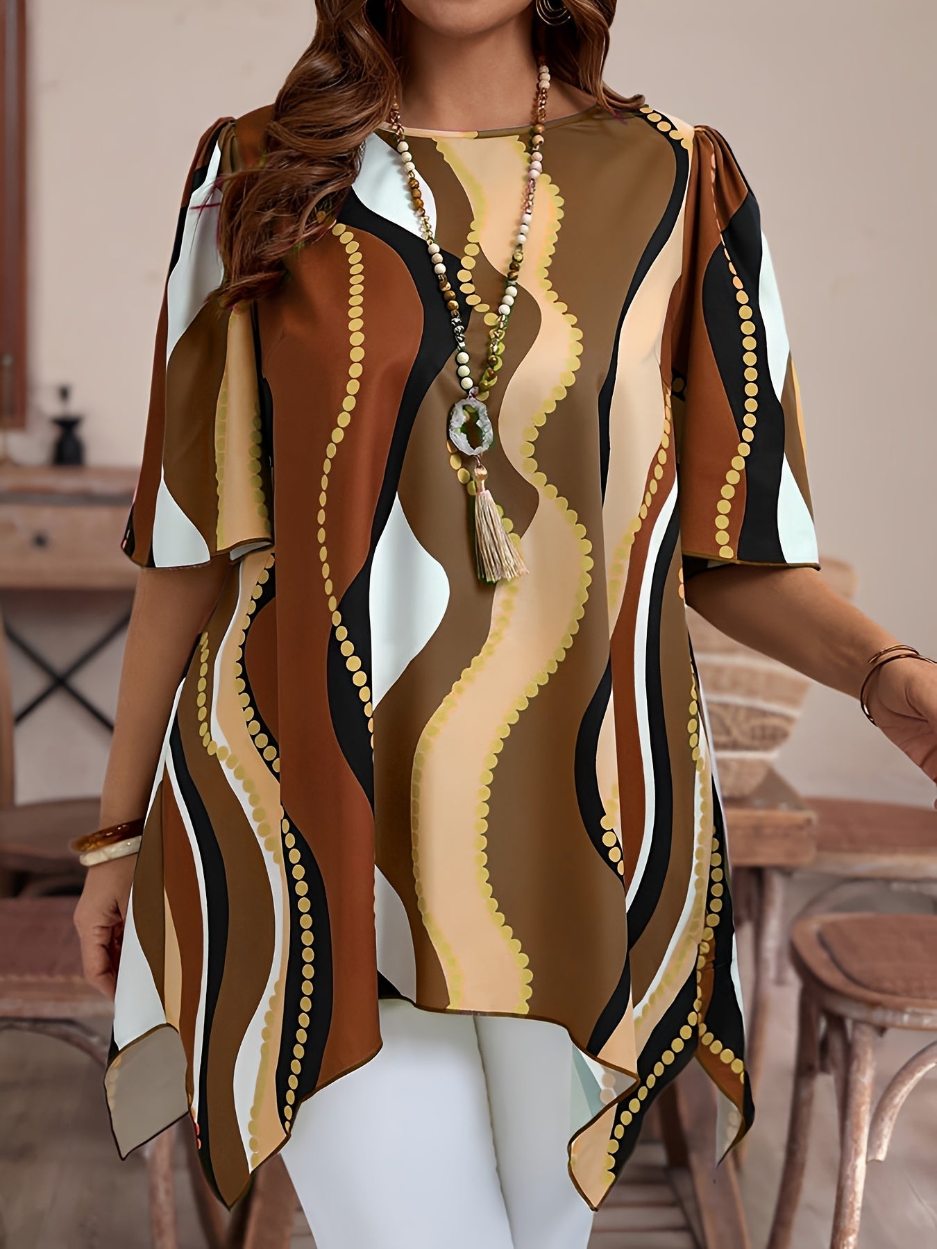 Women Black and White Abstract Print Top - Casualwear