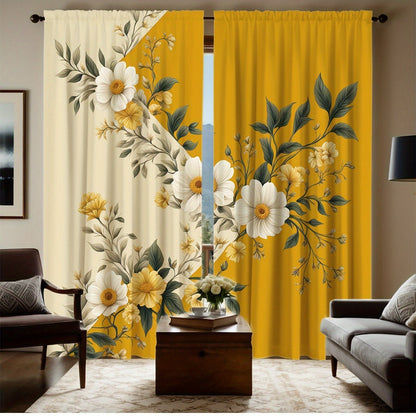 Yellow Floral Semi-Sheer Curtains, Washable, Rod Pocket, Unlined