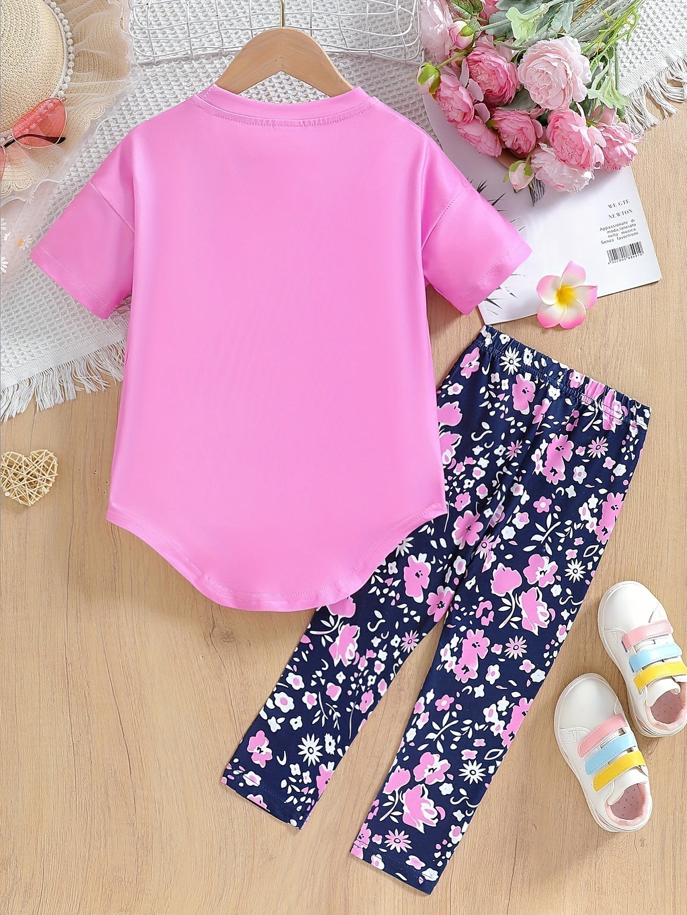 2 pcs Girls Party Outfit - Graphic Tee & Floral Leggings