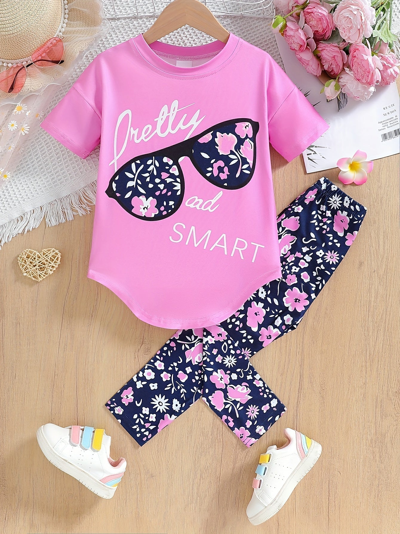 2 pcs Girls Party Outfit - Graphic Tee & Floral Leggings