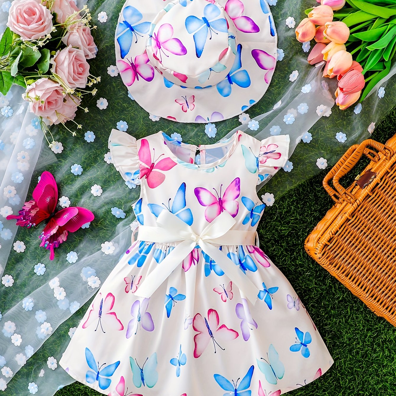 Girls Butterfly Print Dress and Hat Set - Adorable Holiday Outfit
