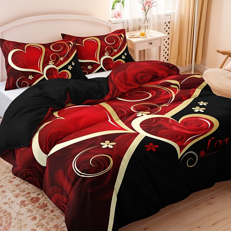 Heart Pattern Duvet Cover - 3pcs Set, Red & Black, All-Season
