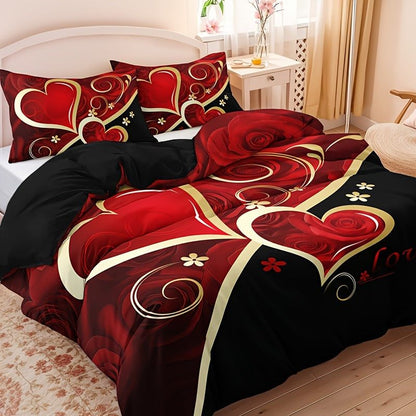 Heart Pattern Duvet Cover - 3pcs Set, Red & Black, All-Season