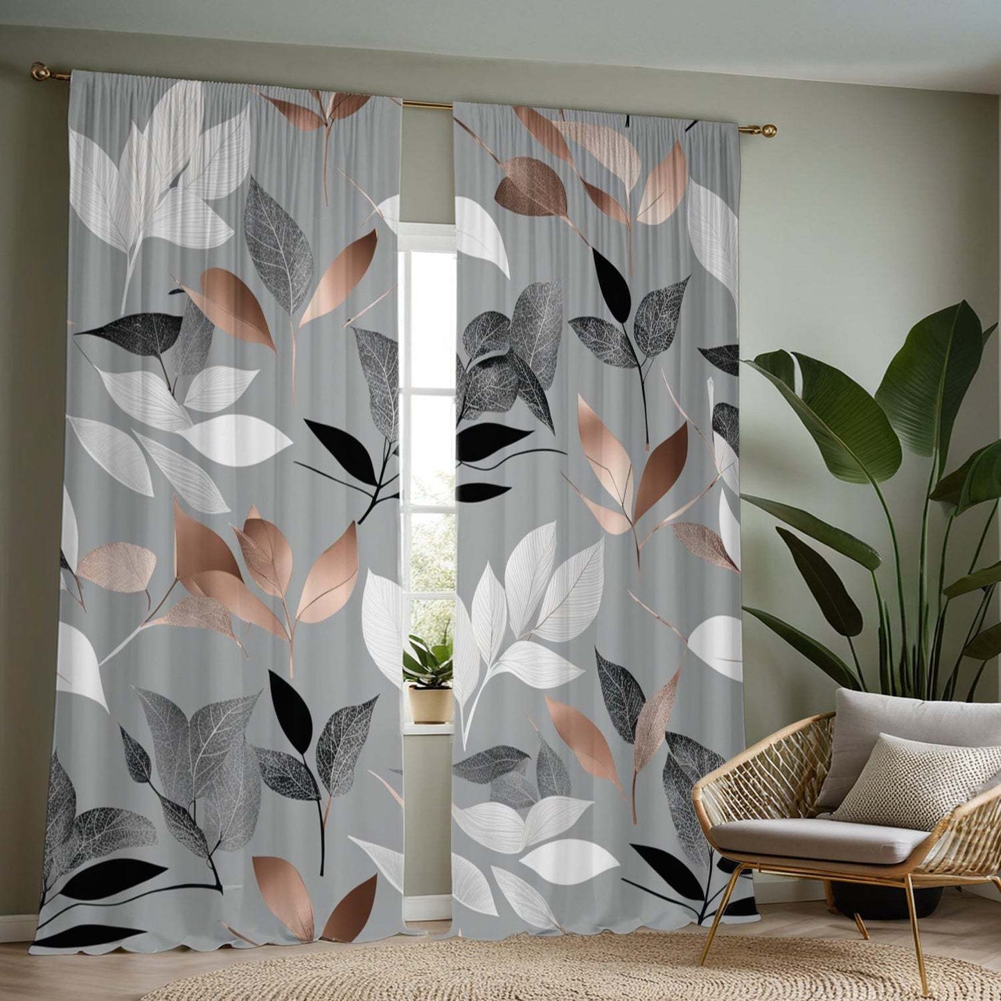 Light Gray Curtains with Colorful Leaf Print, Rod Pocket Design
