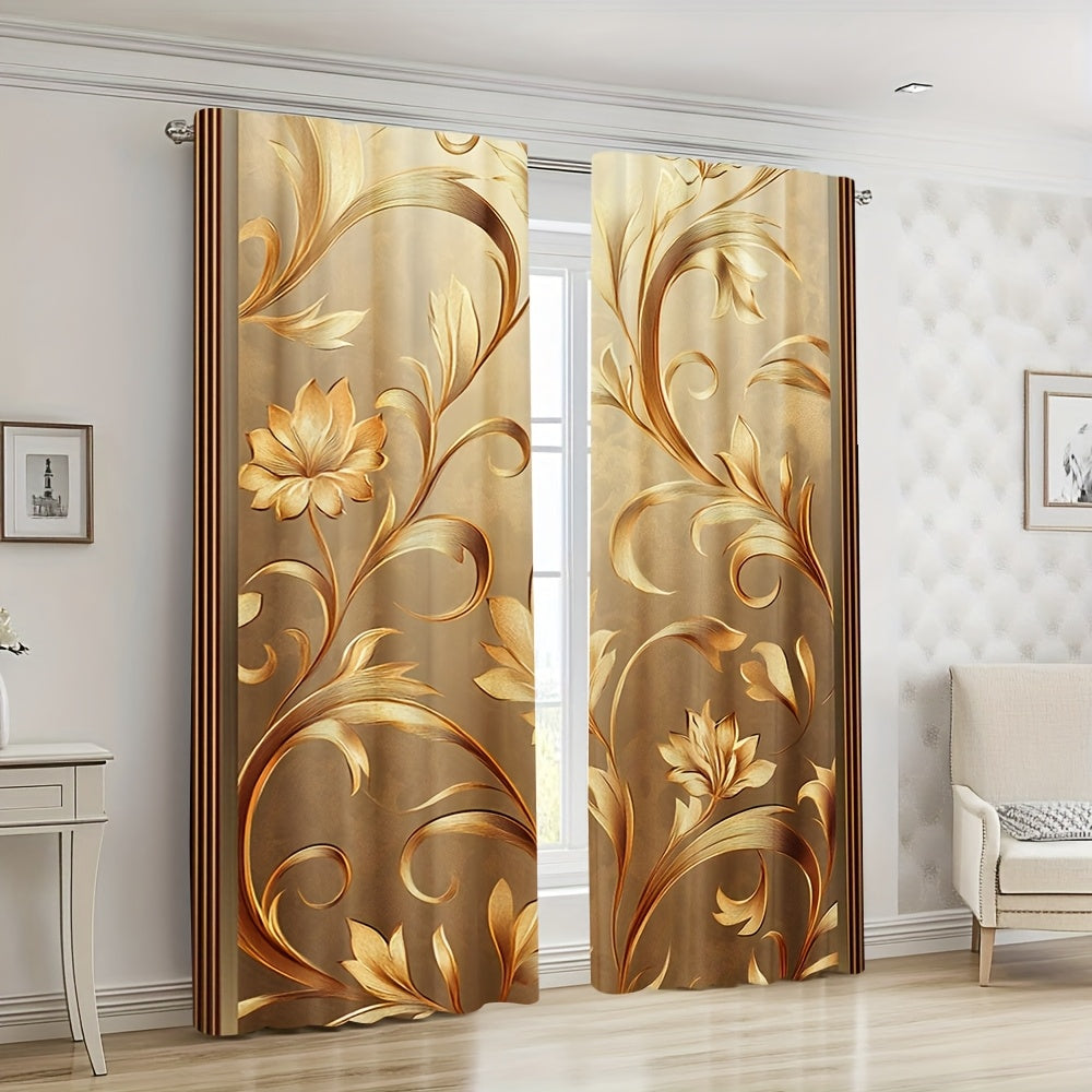 2pcs Elegant Golden Leaf Printed Curtains - Contemporary Floral Design, 100% Polyester
