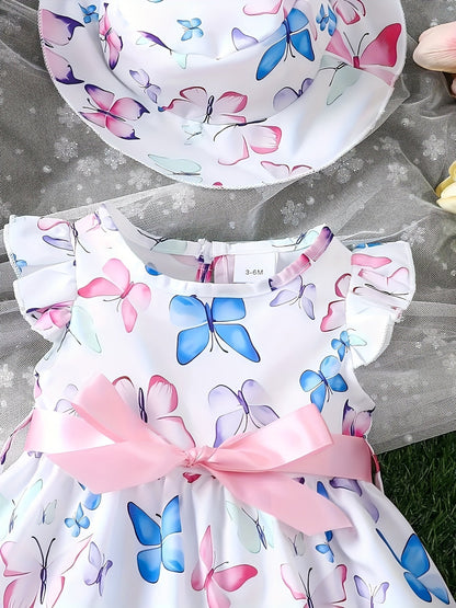 Girls Butterfly Print Dress and Hat Set - Adorable Holiday Outfit
