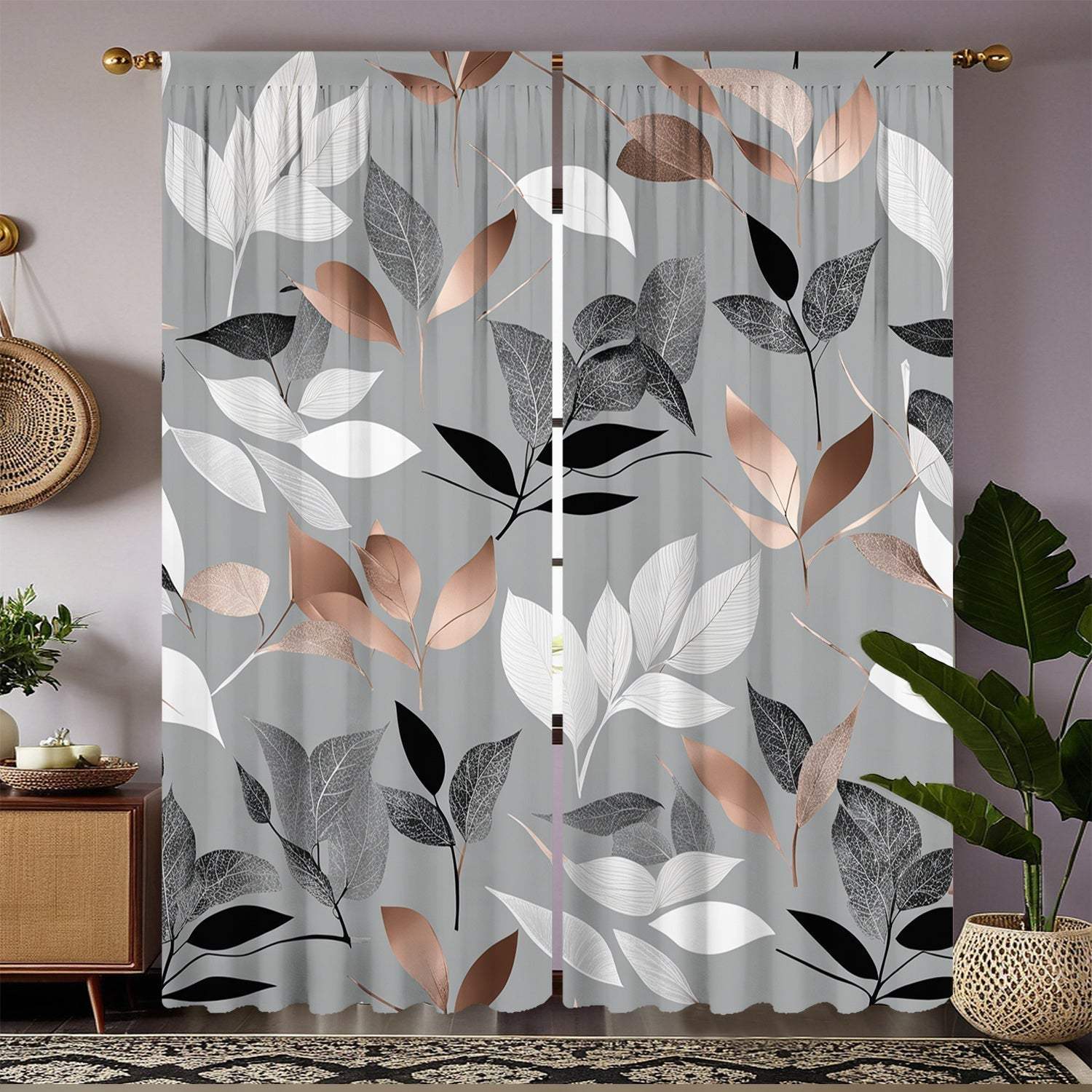 Light Gray Curtains with Colorful Leaf Print, Rod Pocket Design