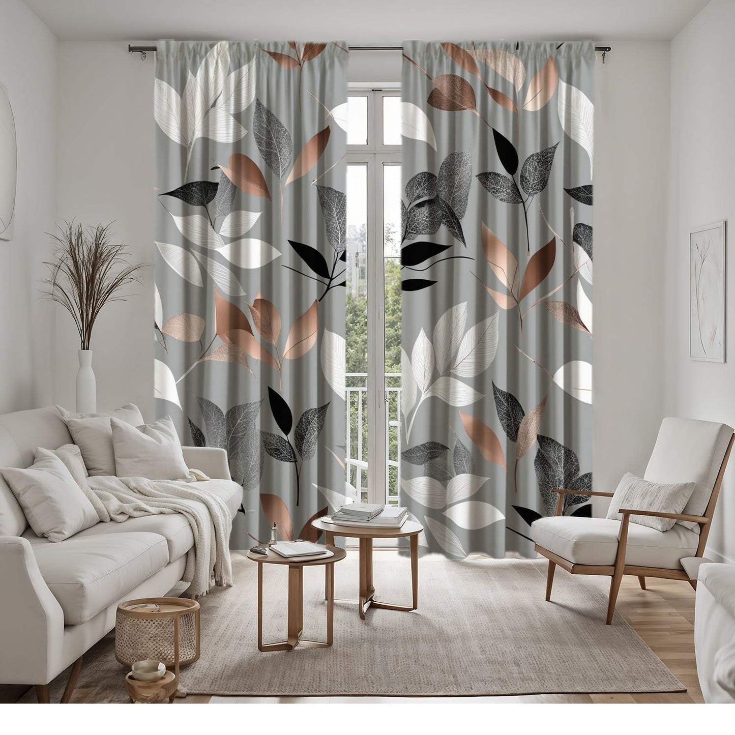 Light Gray Curtains with Colorful Leaf Print, Rod Pocket Design