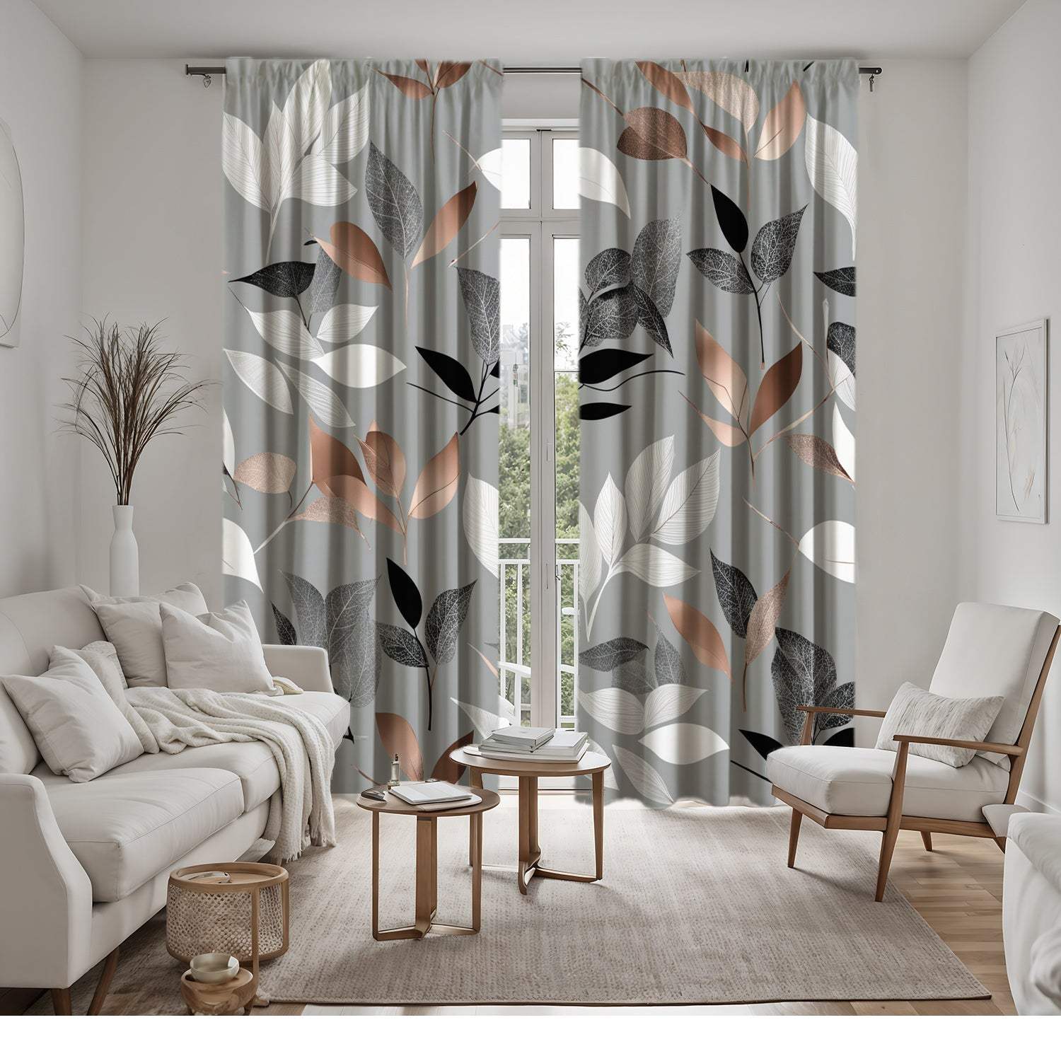 Light Gray Curtains with Colorful Leaf Print, Rod Pocket Design