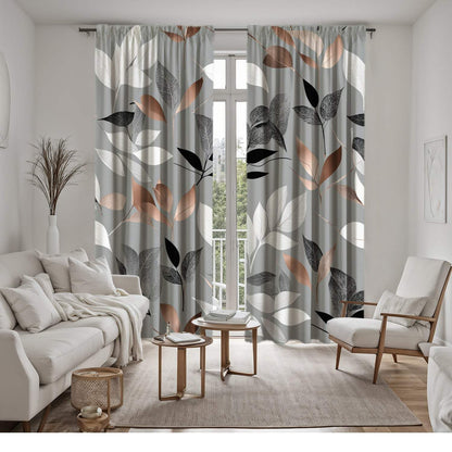 Light Gray Curtains with Colorful Leaf Print, Rod Pocket Design