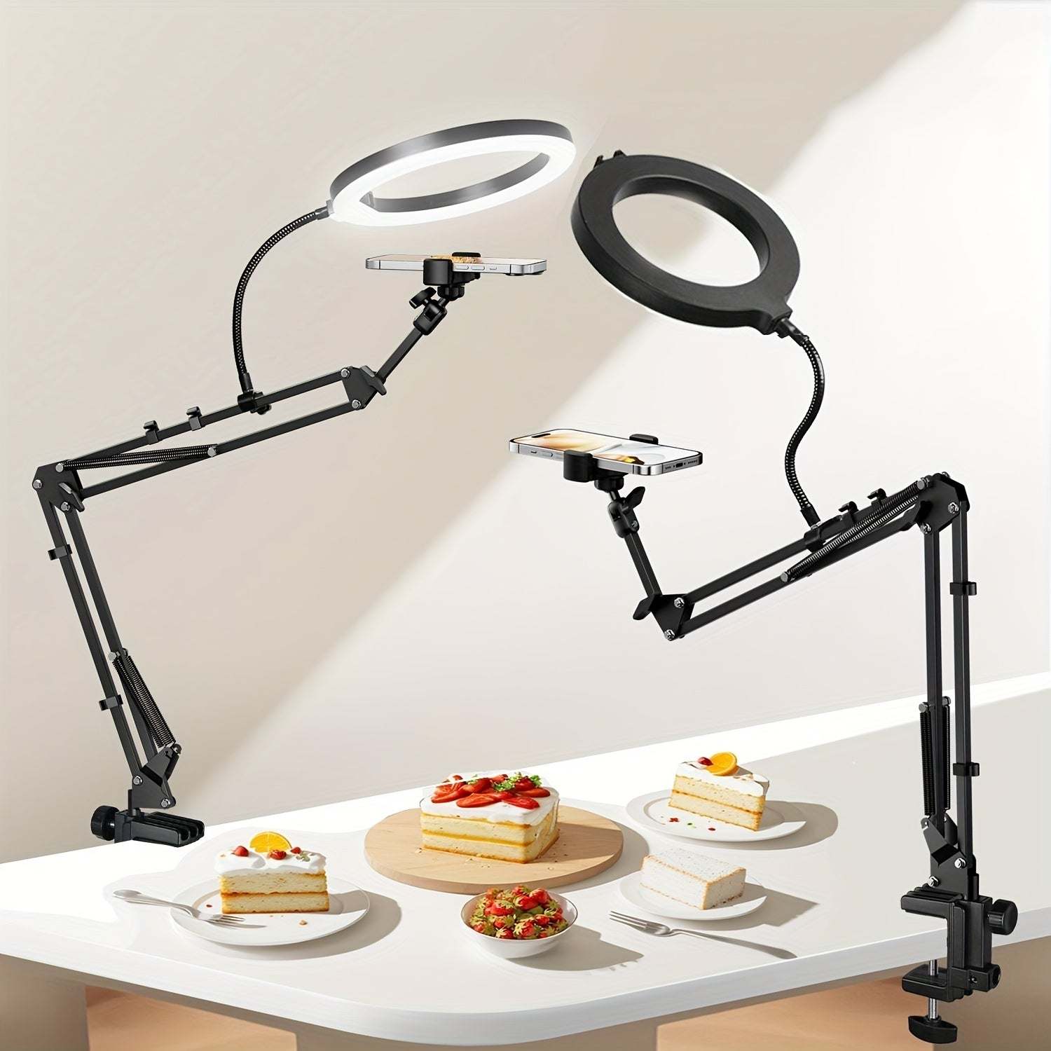 Phone Stand with Ring Light - Adjustable Aluminum Alloy, Desk Mount