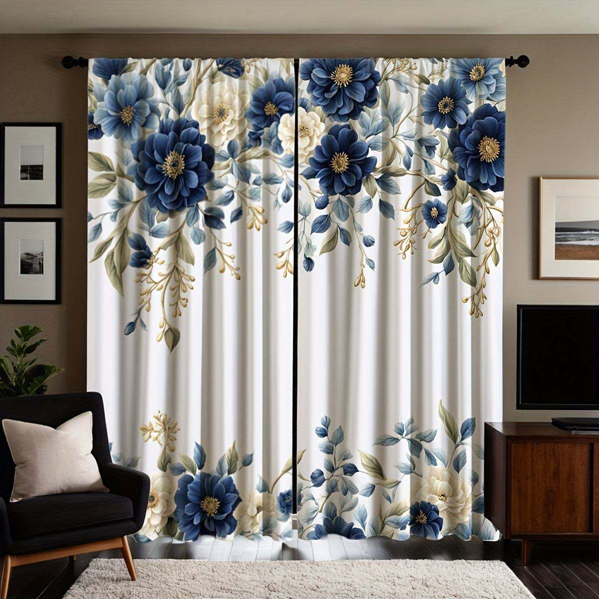 White Curtains with Blue Flowers