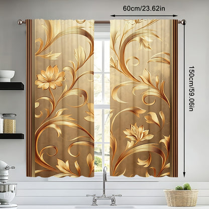 2pcs Elegant Golden Leaf Printed Curtains - Contemporary Floral Design, 100% Polyester