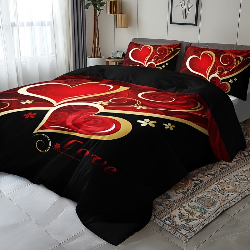 Heart Pattern Duvet Cover - 3pcs Set, Red & Black, All-Season