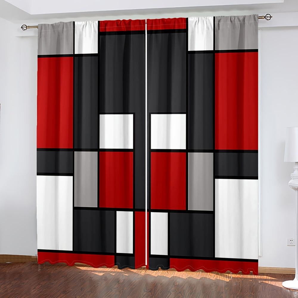 2pcs Modern plaid curtains in red and grey