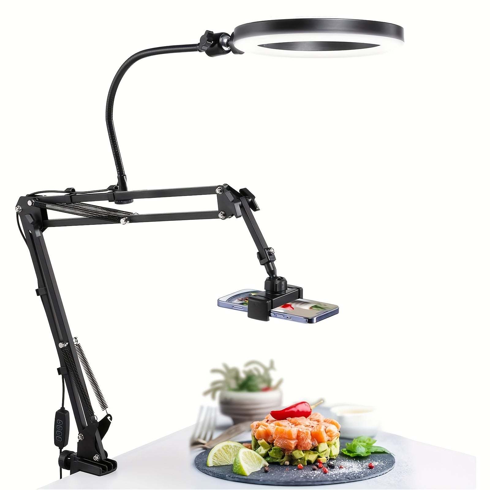 Phone Stand with Ring Light - Adjustable Aluminum Alloy, Desk Mount