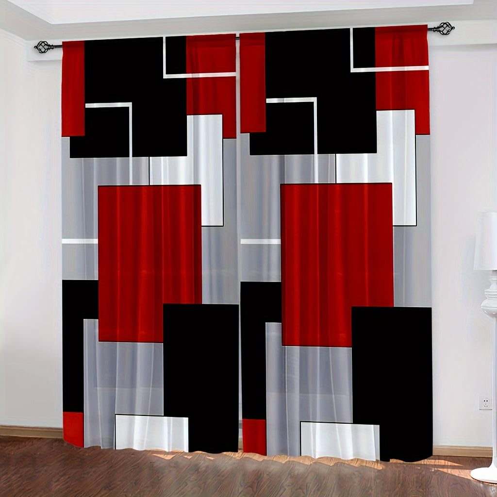2pcs Modern plaid curtains in red and grey